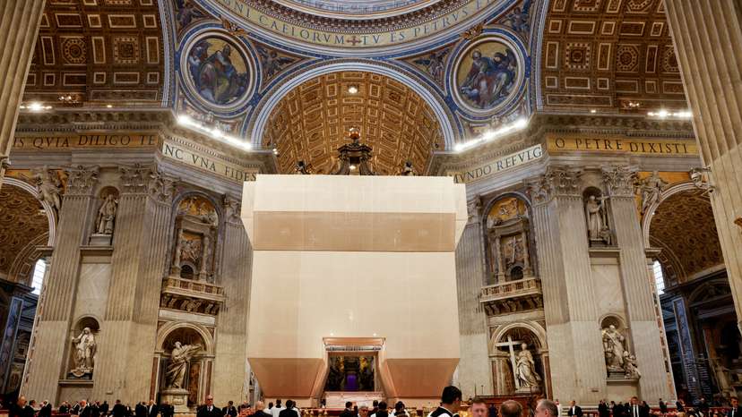 FILE PHOTO: Canopy over St. Peter's Basilica high altar is covered during restoration, at the Vatican