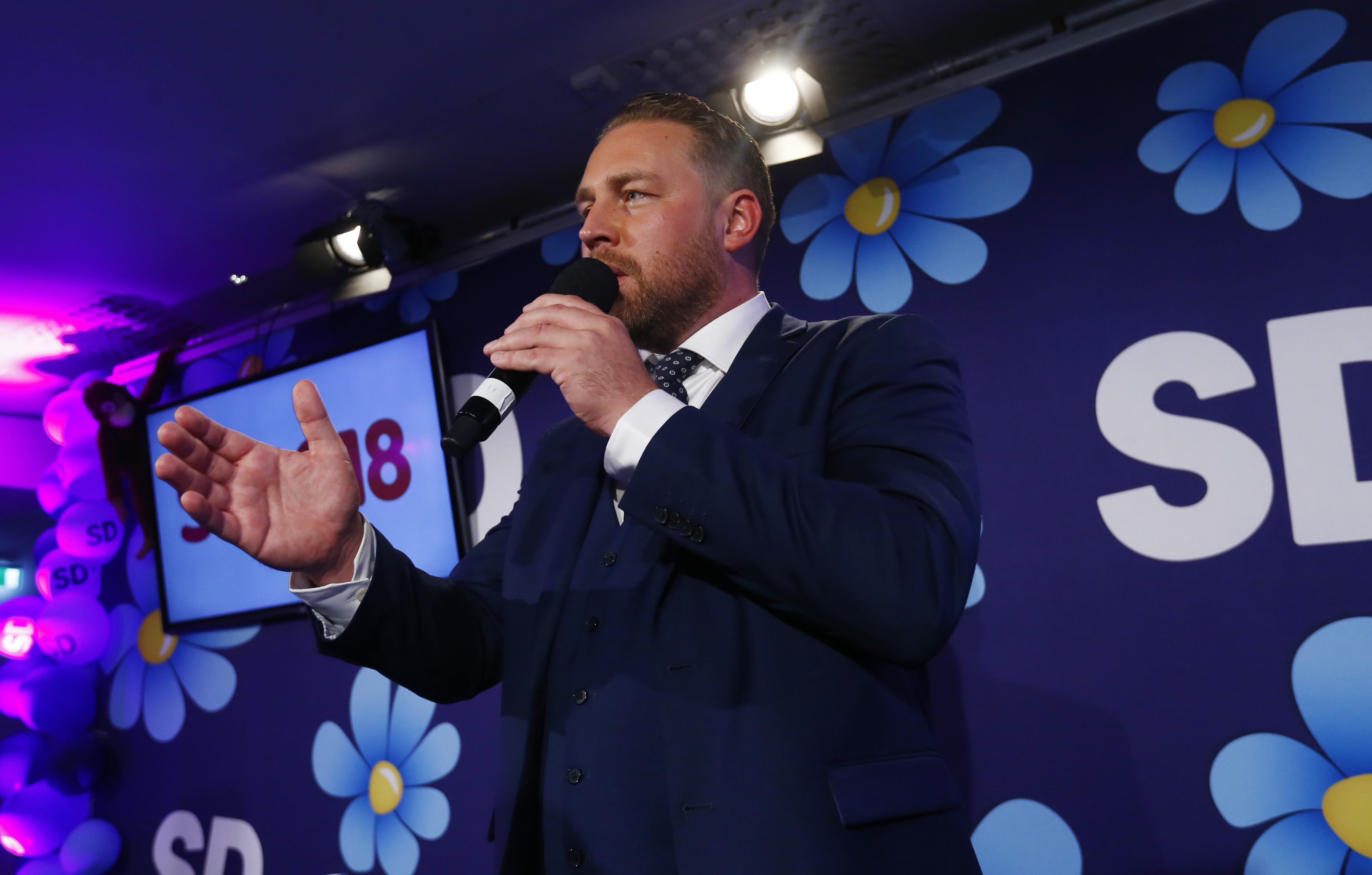 Karlsson Sweden Democrats politicians, addresses party members after election in Stockholm