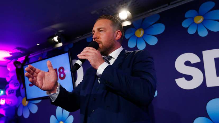 Karlsson Sweden Democrats politicians, addresses party members after election in Stockholm