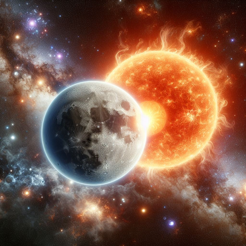 Ai image of the moon and sun in orbit