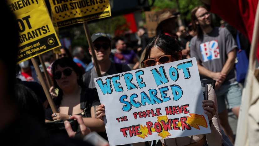 Protestors demonstrate during a May Day rally in New York