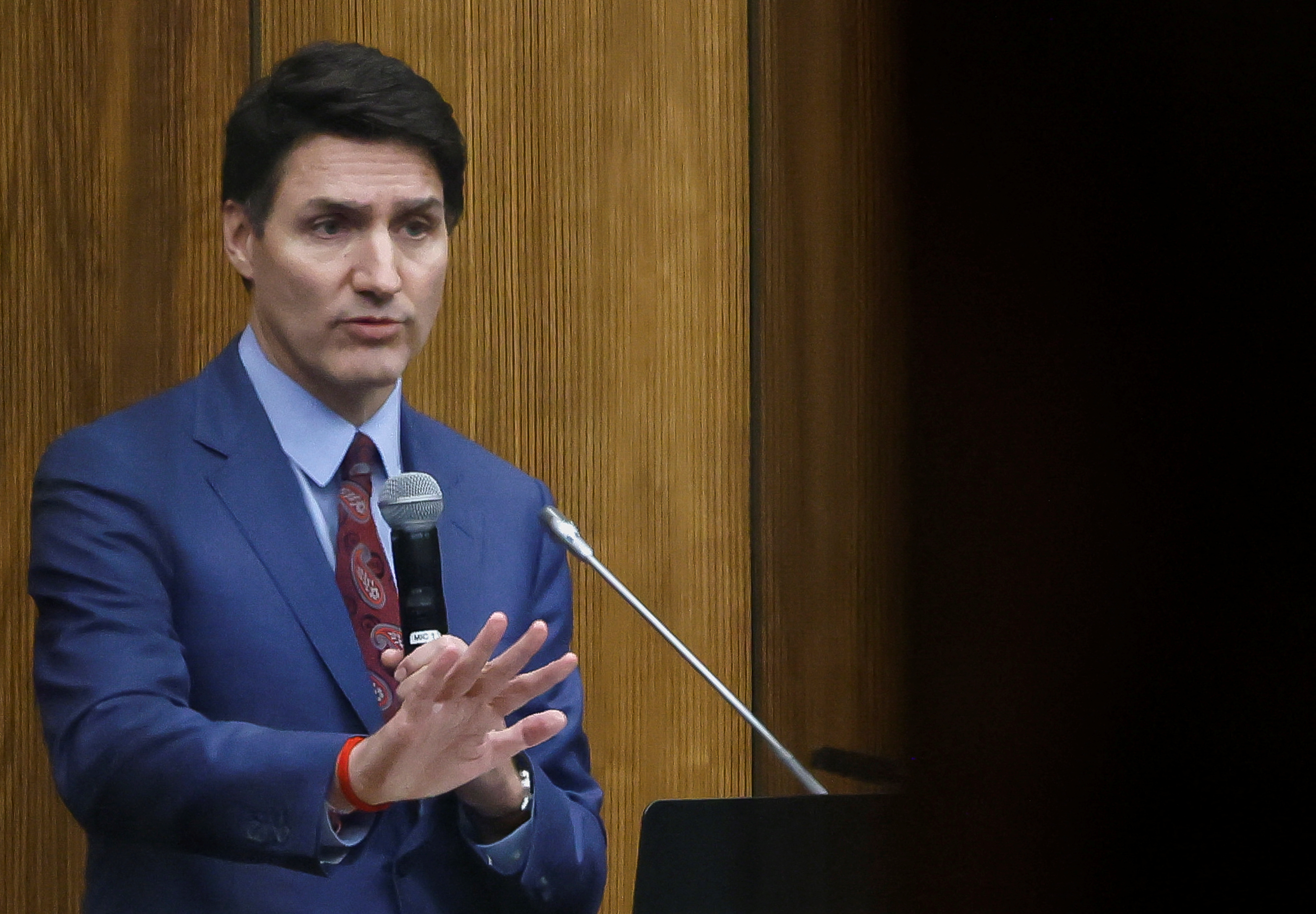 Canada's Prime Minister Justin Trudeau addresses the Liberal party caucus meeting in Ottawa
