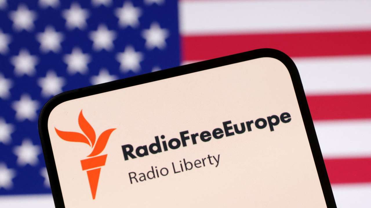 Illustration shows Radio Free Europe logo and U.S. flag