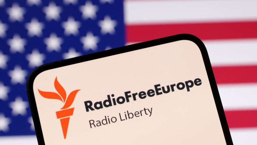 Illustration shows Radio Free Europe logo and U.S. flag