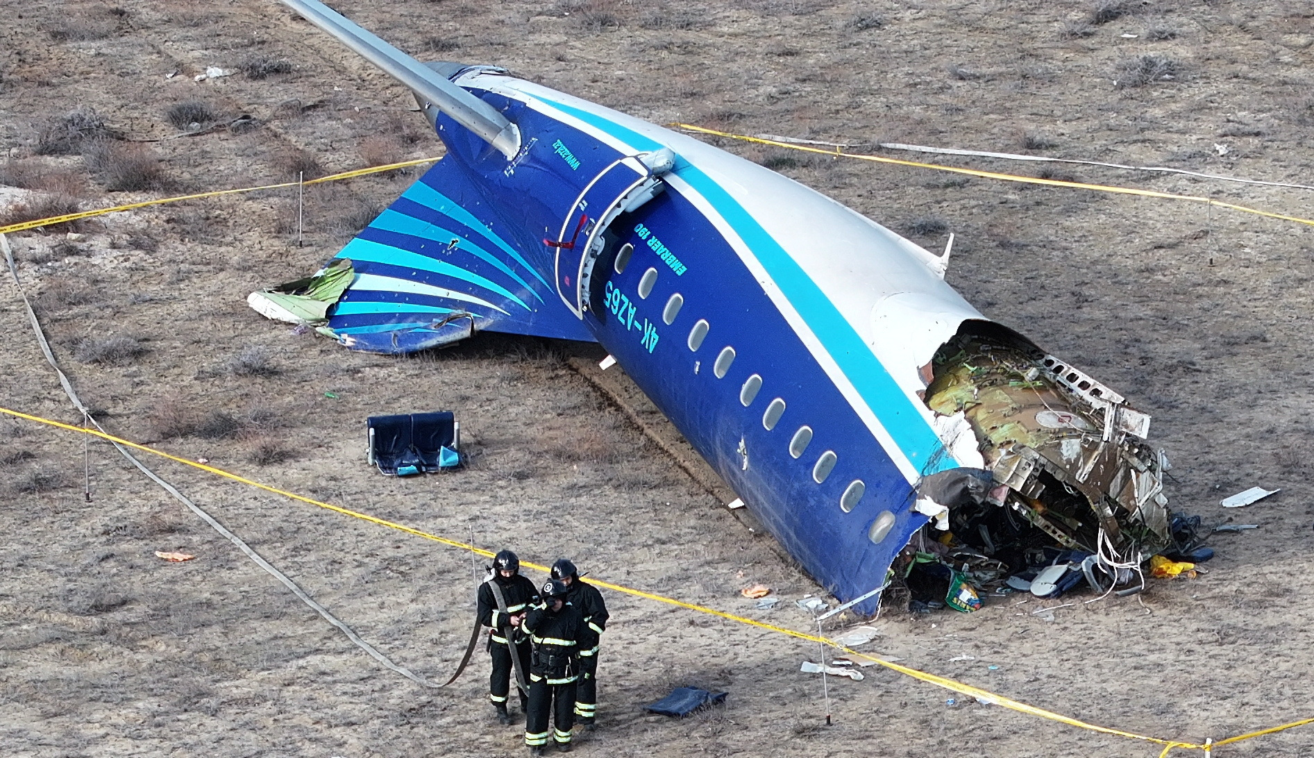 A drone view shows the crash site of a passenger plane near Aktau