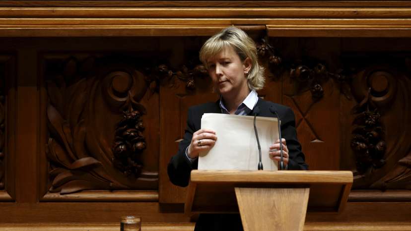 Portugal's Social Democratic deputy Maria Luis Albuquerque finishes her intervention during a debate on the stability program at the parliament in Lisbon