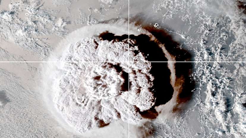 FILE PHOTO: Satellite view of the eruption of an underwater volcano off Tonga