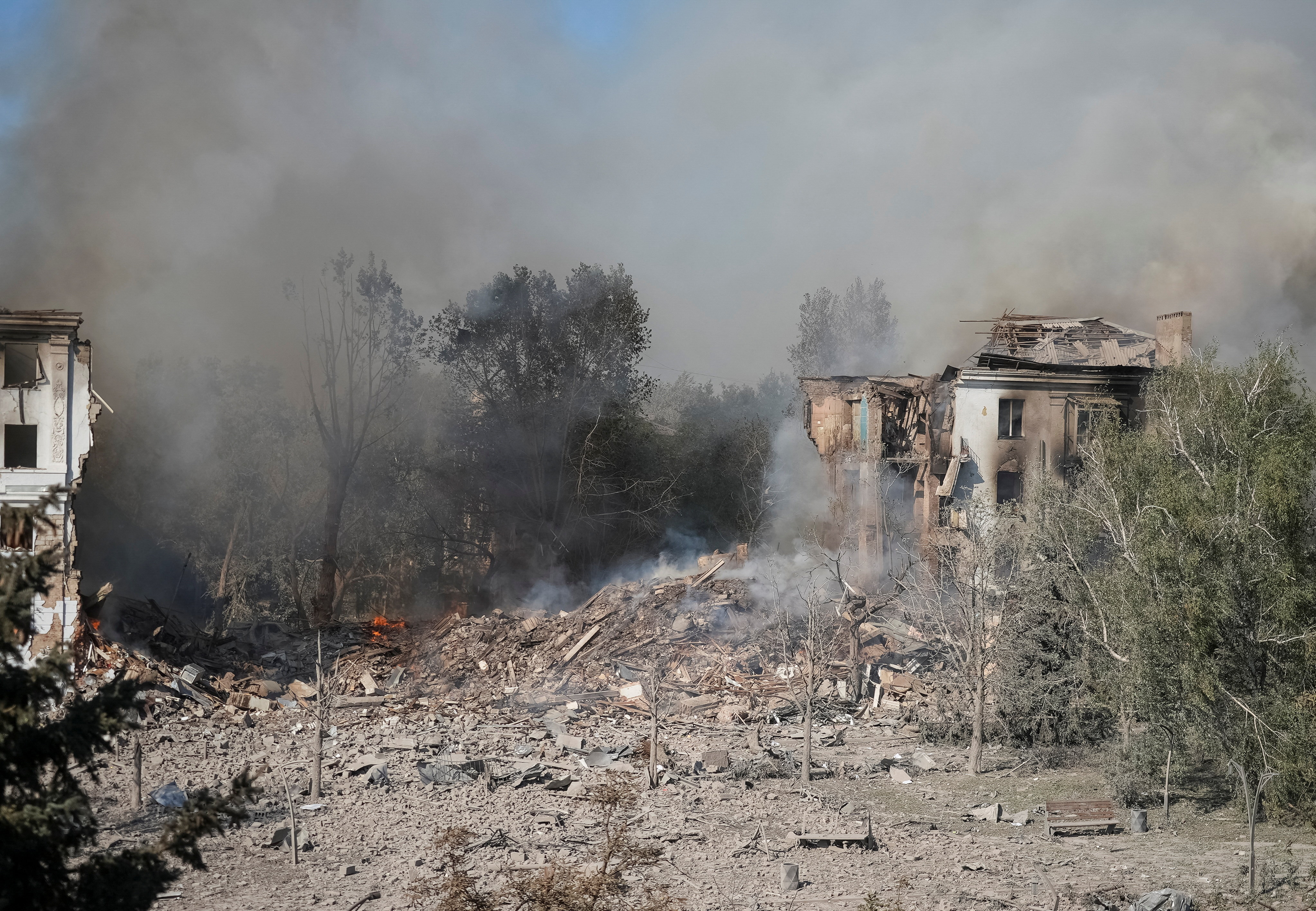 A view shows the site of an apartment building hit by Russian missile strike in the city of Kramatorsk