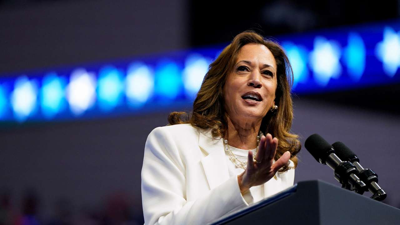 Democratic presidential nominee and U.S. Vice President Kamala Harris delivers remarks at a campaign rally in Savannah