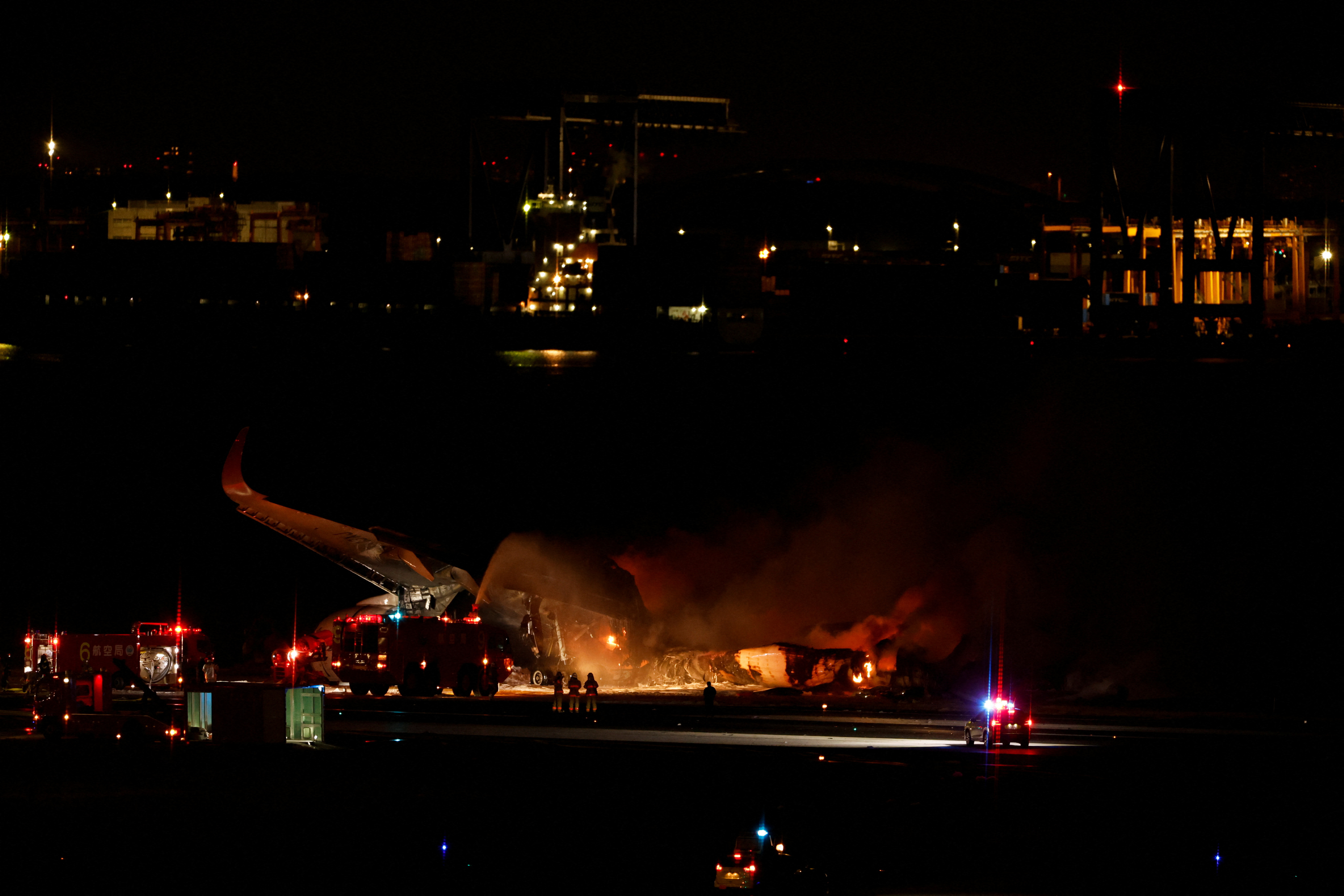 Japan Airlines' A350 airplane on fire at Haneda International Airport in Tokyo