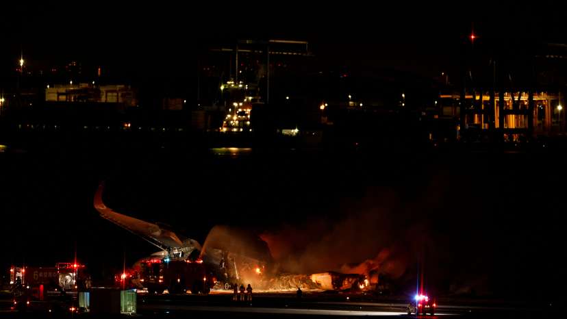 Japan Airlines' A350 airplane on fire at Haneda International Airport in Tokyo