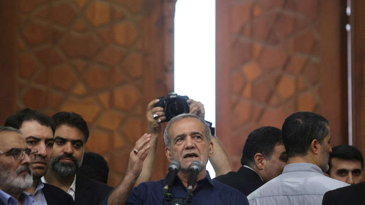 FILE PHOTO: Iran's President-elect Masoud Pezeshkian speaks during a gathering with his supporters at the shrine of Iran's late leader Ayatollah Ruhollah Khomeini, in south of Tehran