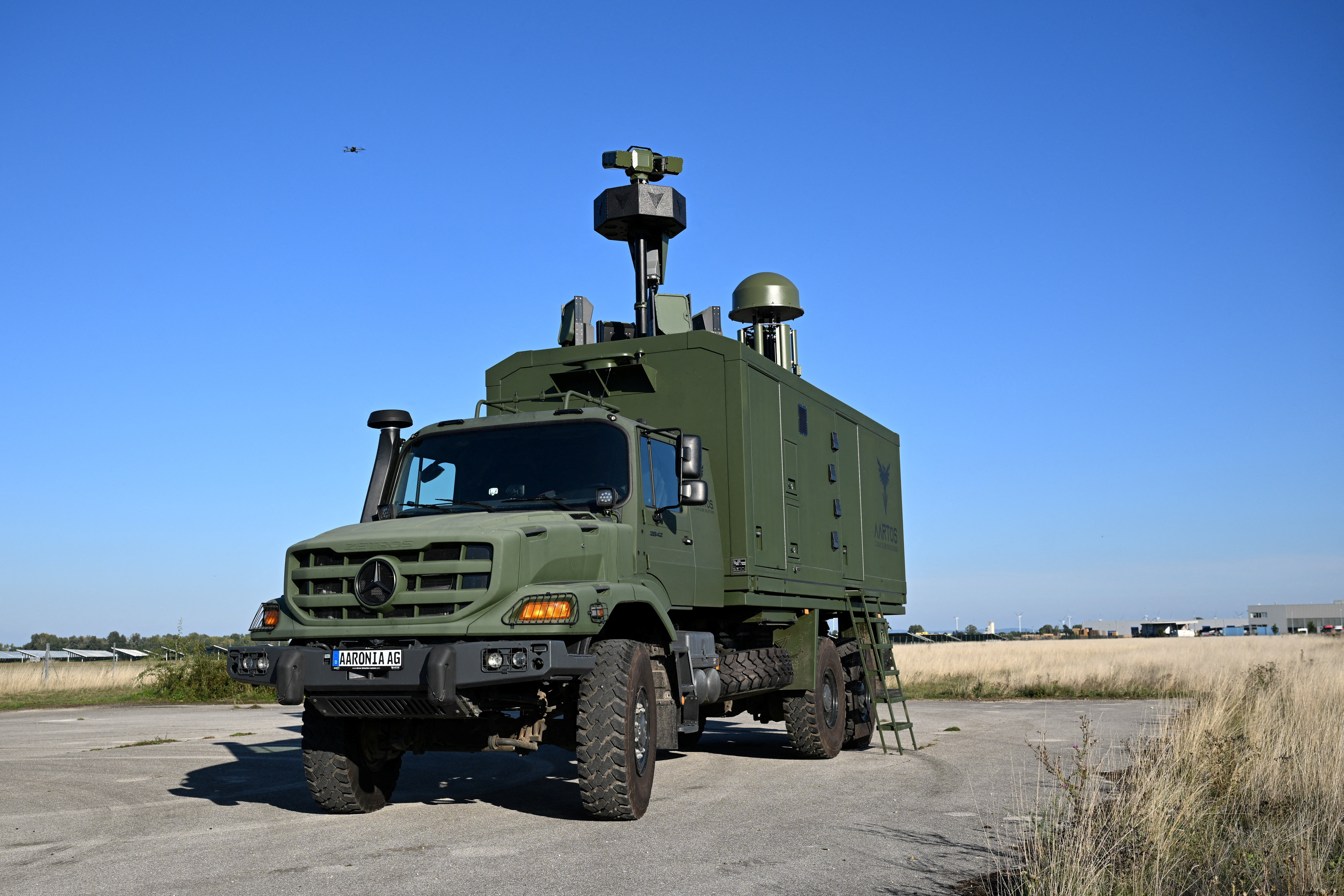 A drone detection and defense system stands on the premises of Aaronia in Kottingbrunn