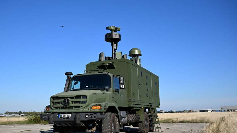 A drone detection and defense system stands on the premises of Aaronia in Kottingbrunn
