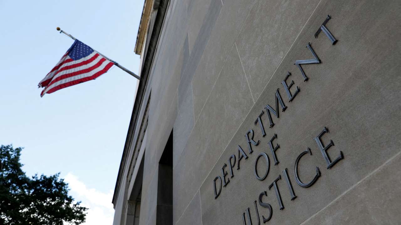FILE PHOTO: Signage is seen at the United States Department of Justice headquarters in Washington, D.C., U.S., August 29, 2020. REUTERS/Andrew Kelly/