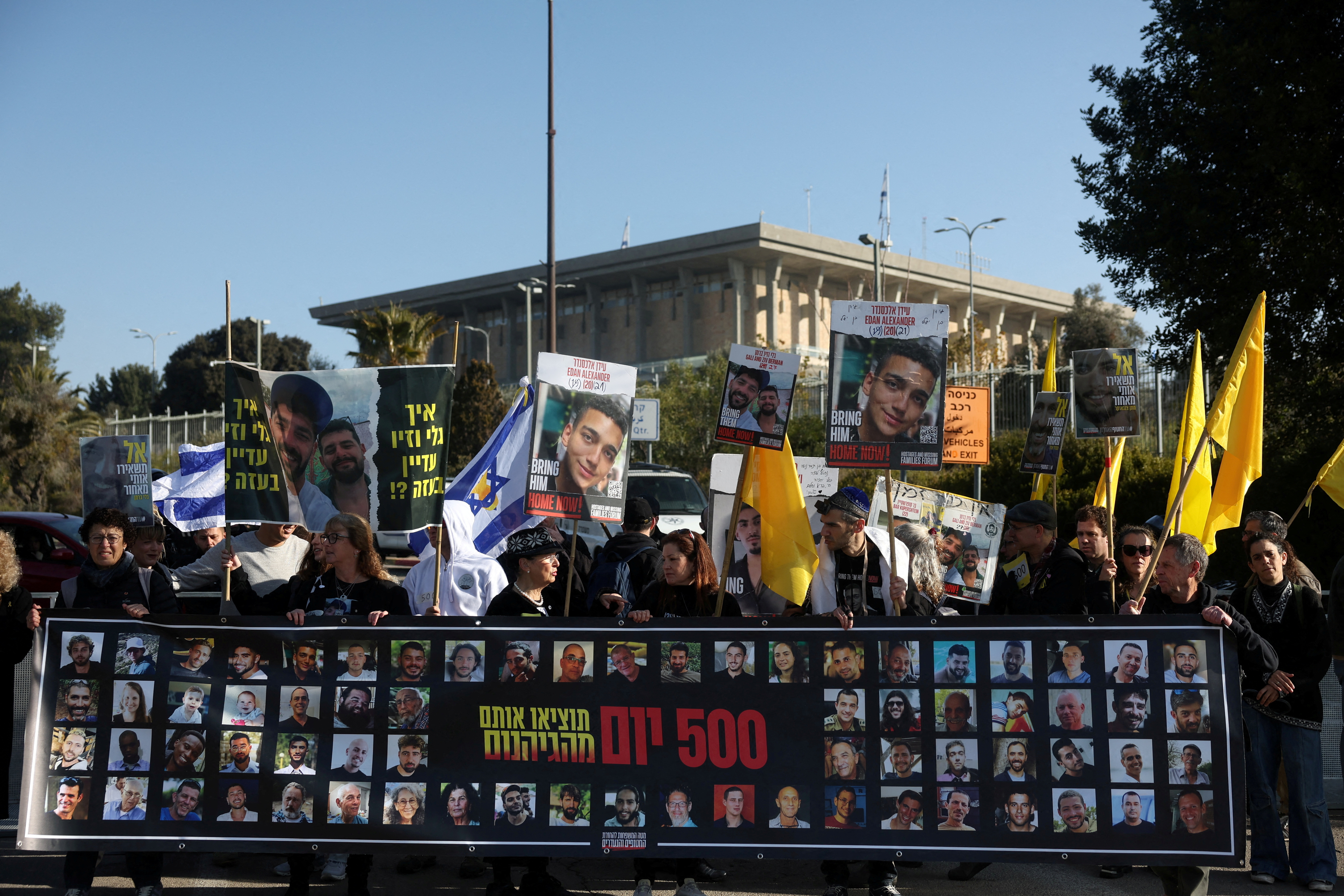 Family and supporters of hostages protest to mark the 500 days since October 7, 2023, in Jerusalem
