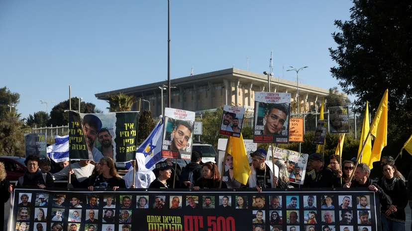Family and supporters of hostages protest to mark the 500 days since October 7, 2023, in Jerusalem