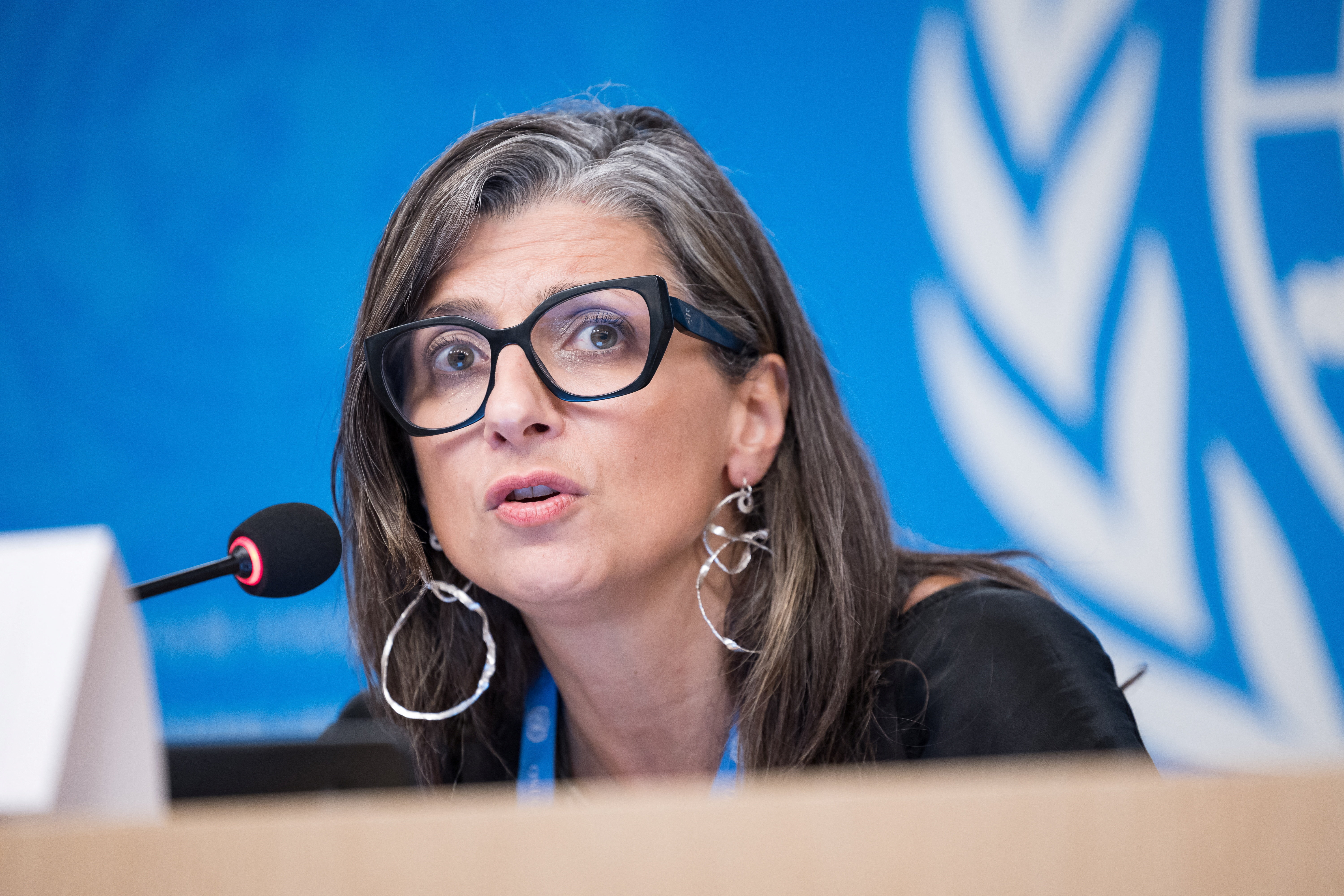 UN special rapporteur on human rights in Palestinian territories Francesca Albanese attends press conference in Geneva