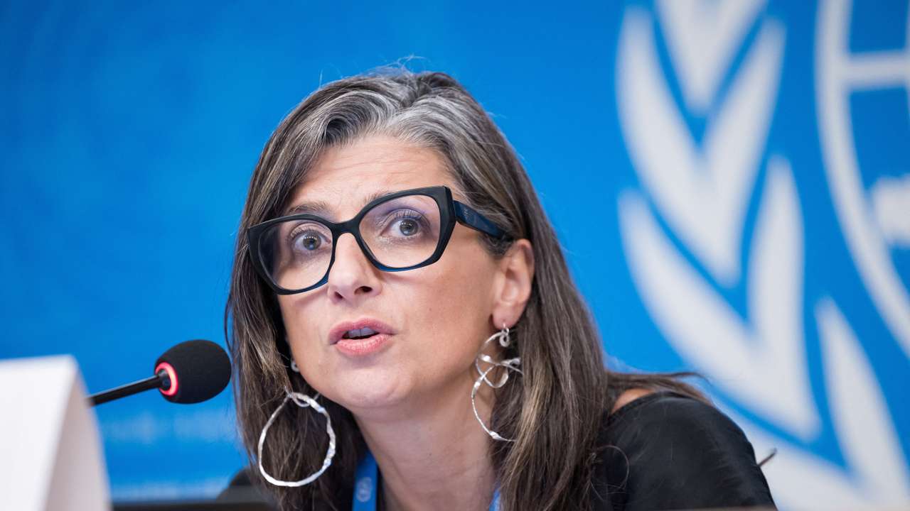 UN special rapporteur on human rights in Palestinian territories Francesca Albanese attends press conference in Geneva