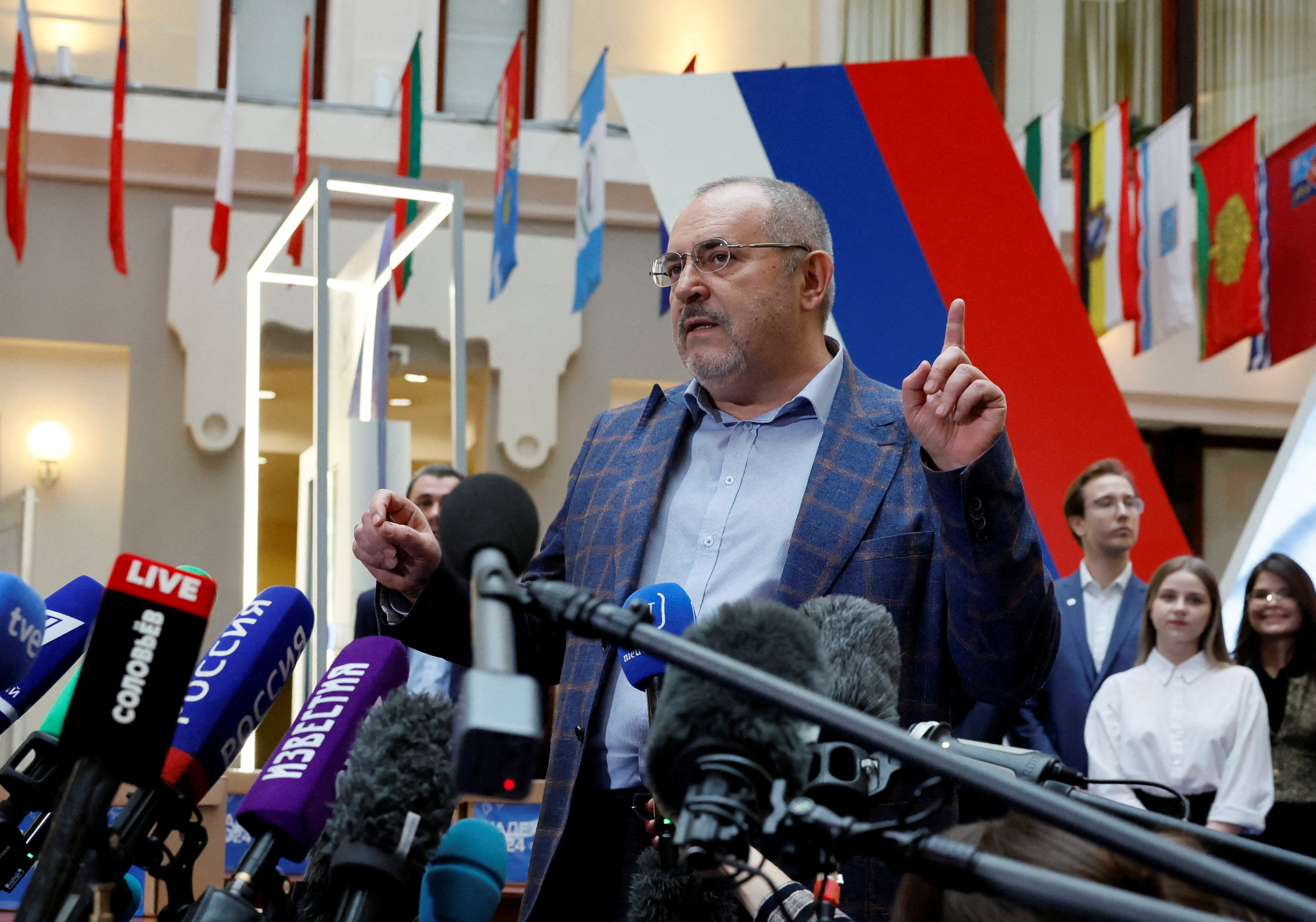 FILE PHOTO: Boris Nadezhdin, who plans to run for Russian president in 2024, visits election commission office in Moscow