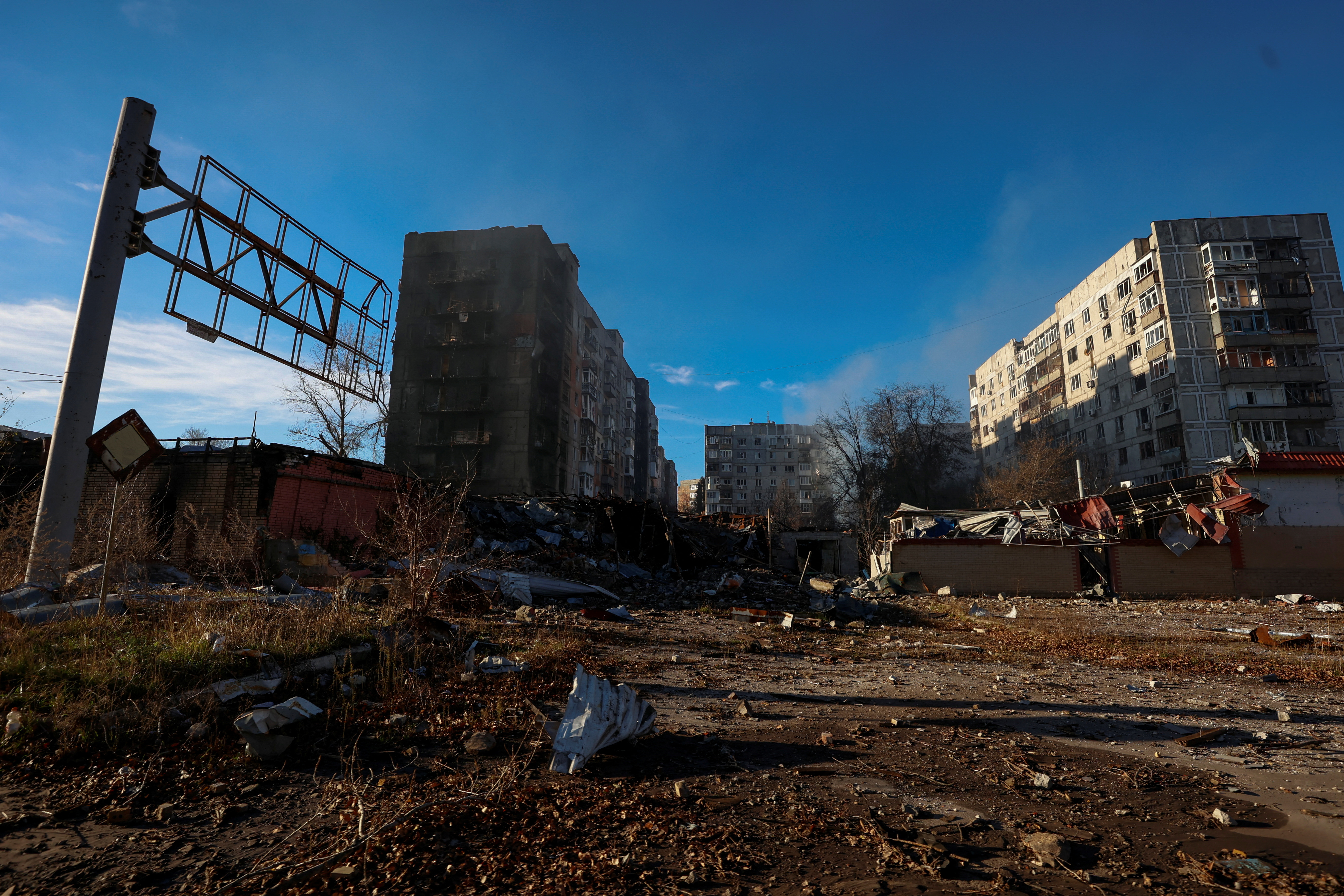 FILE PHOTO: View shows residential buildings heavily damaged by Russian military strikes in Avdiivka