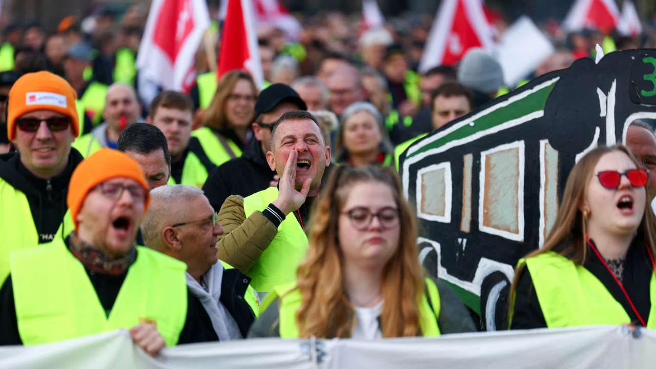 German public transport workers participate in strike for higher wages and better working conditions, in Berlin