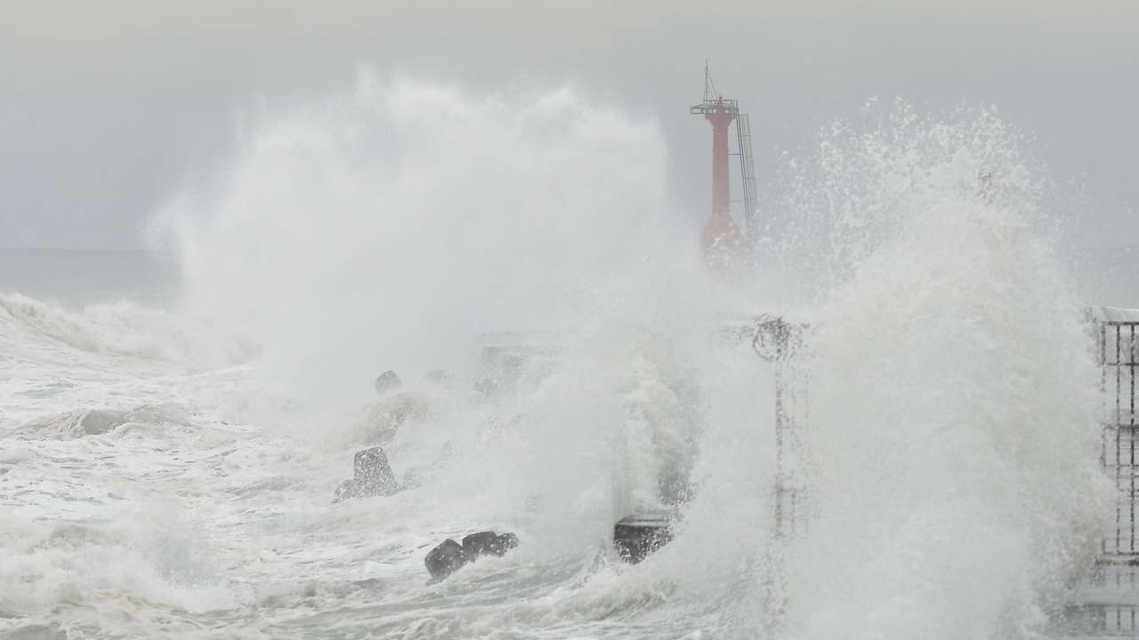 Waves splash as Typhoon Krathon approaches in Kaohsiung