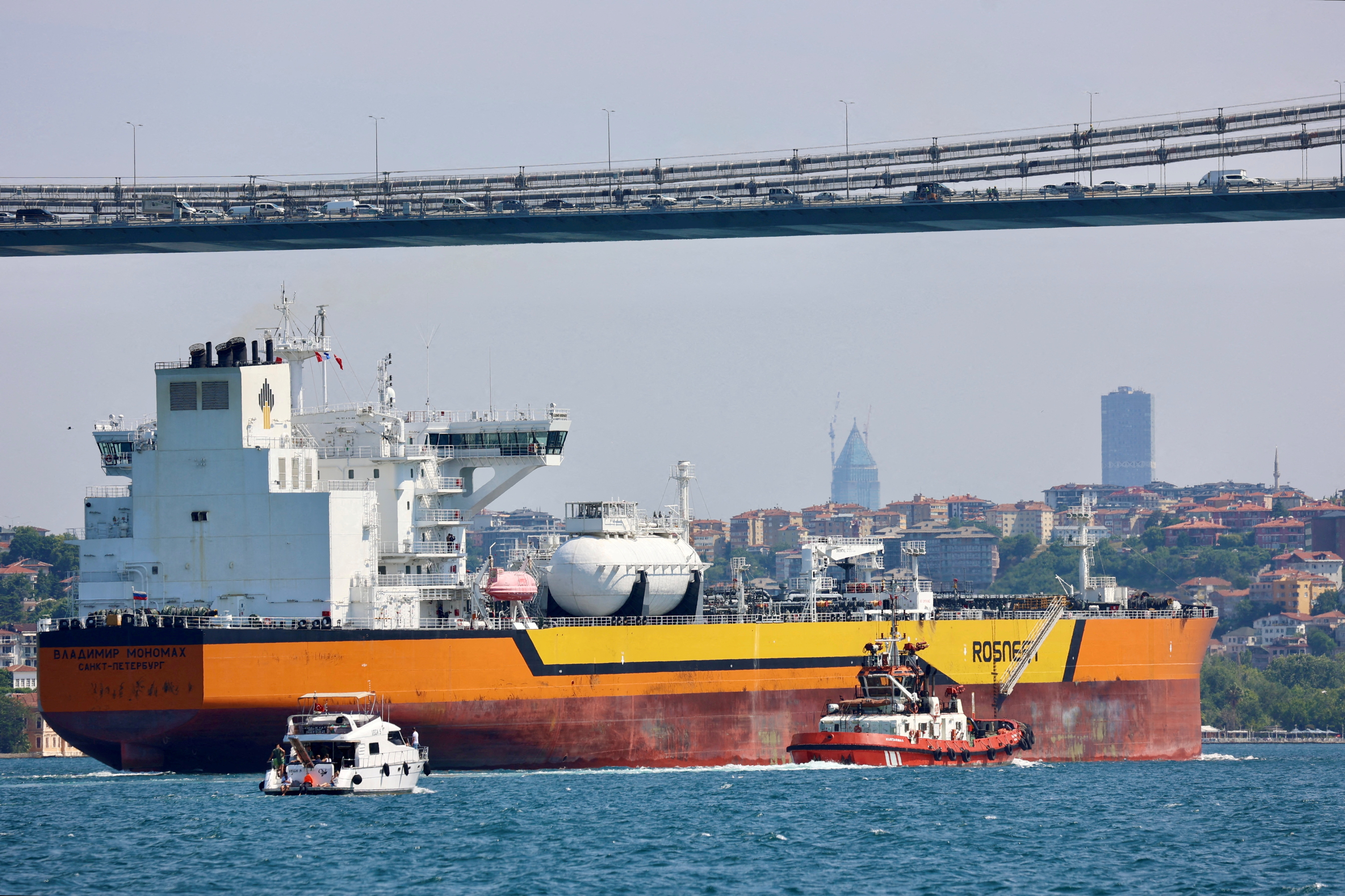 FILE PHOTO: Rosneft's Russian-flagged crude oil tanker Vladimir Monomakh transits the Bosphorus