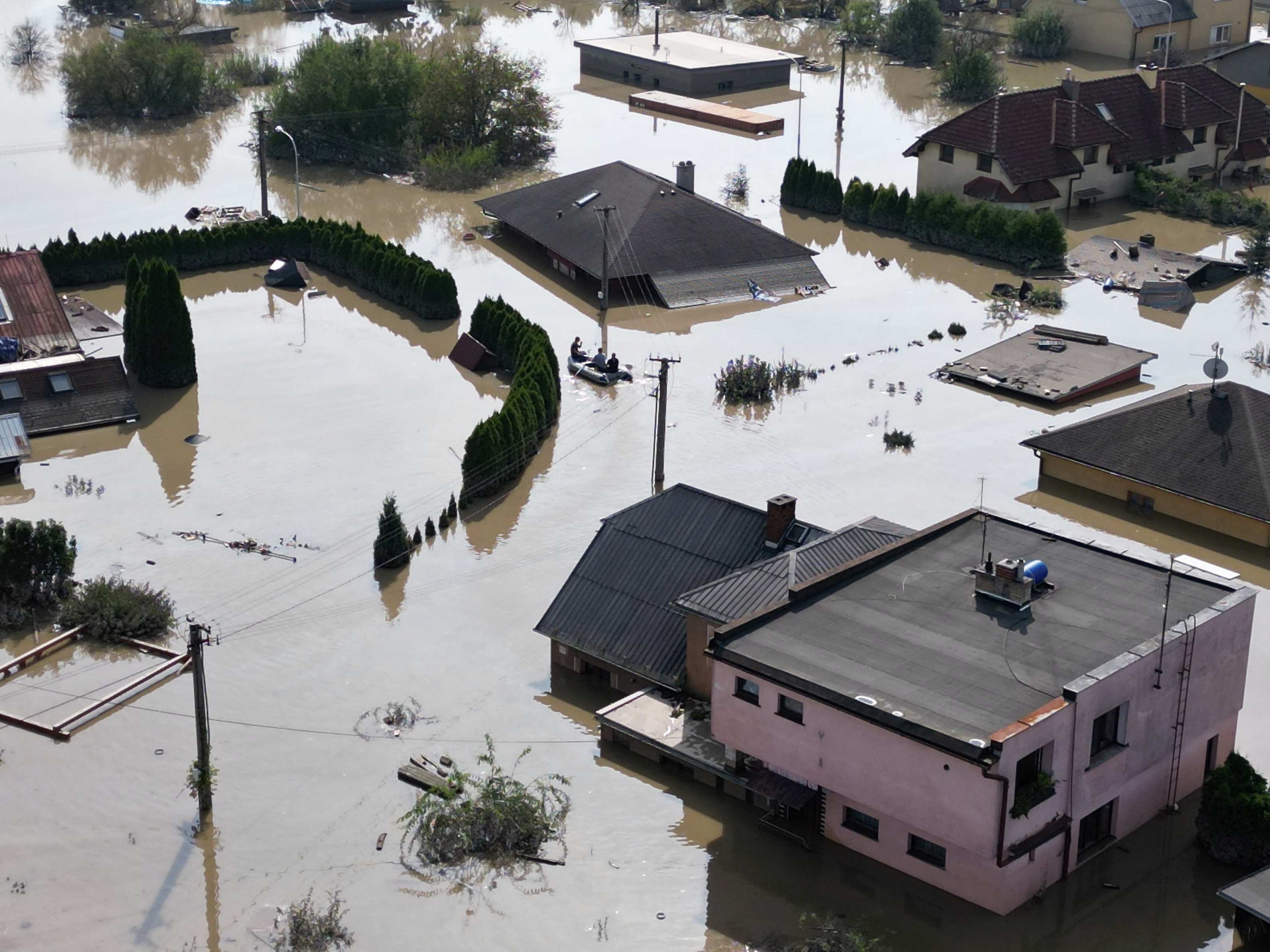 A drone view shows the flood-affected area in Ostrava