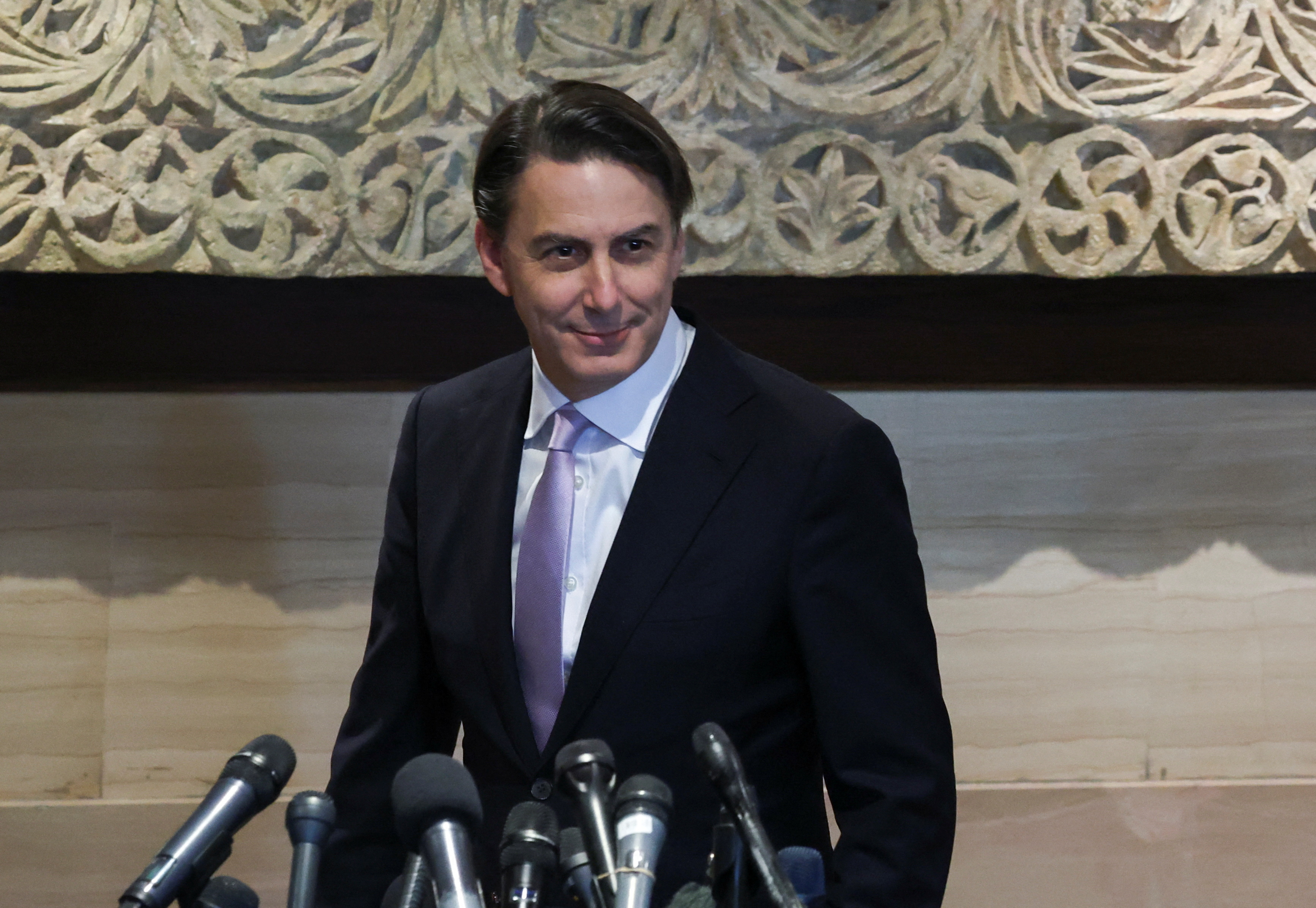U.S. special envoy Amos Hochstein arrives to speak to the media after meeting with Lebanese Parliament Speaker Nabih Berri, in Beirut