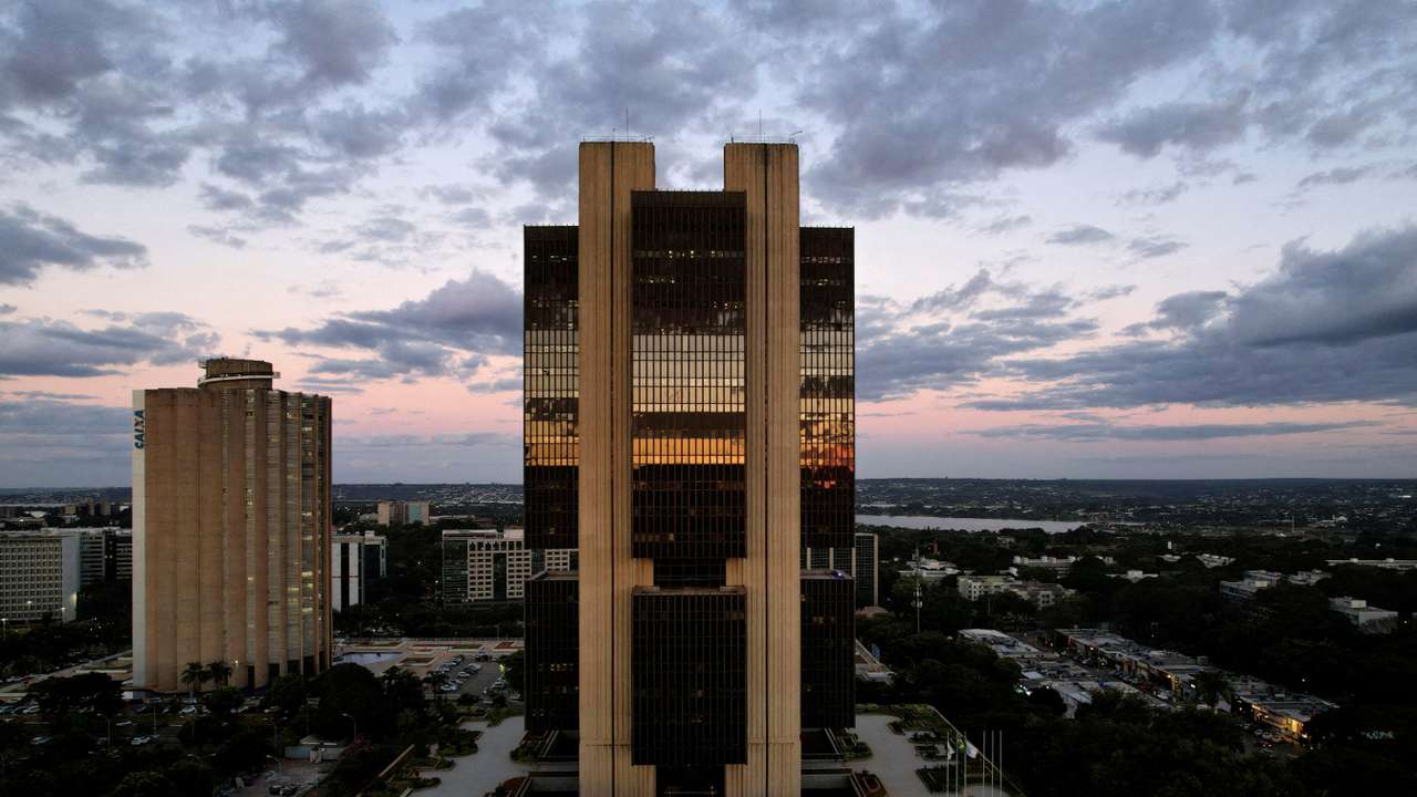 FILE PHOTO: A drone view shows the Central Bank headquarters building during sunset in Brasilia, Brazil