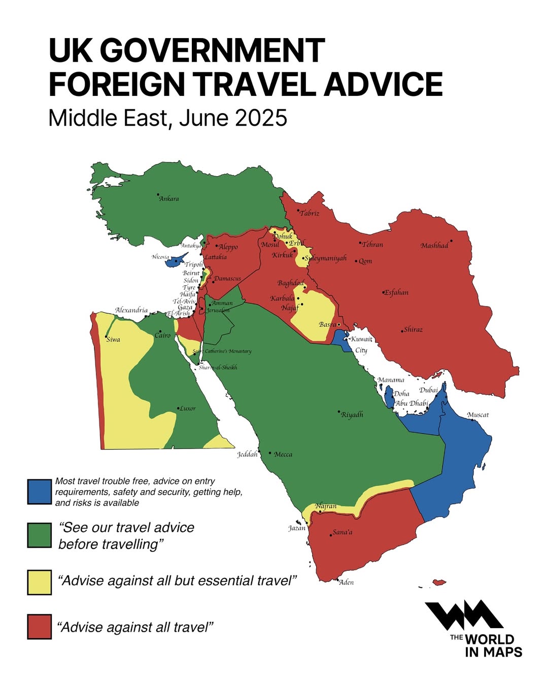 Thinking of travelling to the Middle East Here’s the latest UK government guidance for June.🔵 Blue- Travel generally trouble-free, but check entry rules and safety updates.🟢 Green- Safe for most travel, but read official advice firs