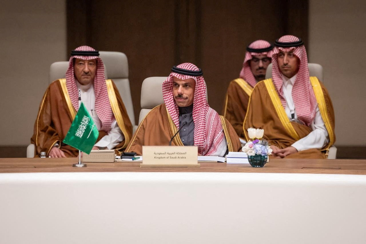 Saudi Foreign Minister Faisal bin Farhan speaks during Arab and Islamic countries' ministers meeting on regional security in Riyadh