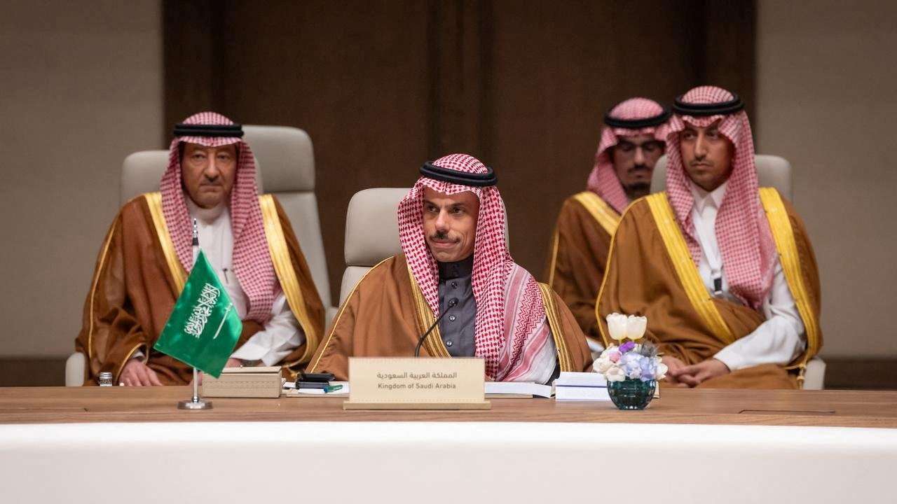 Saudi Foreign Minister Faisal bin Farhan speaks during Arab and Islamic countries' ministers meeting on regional security in Riyadh