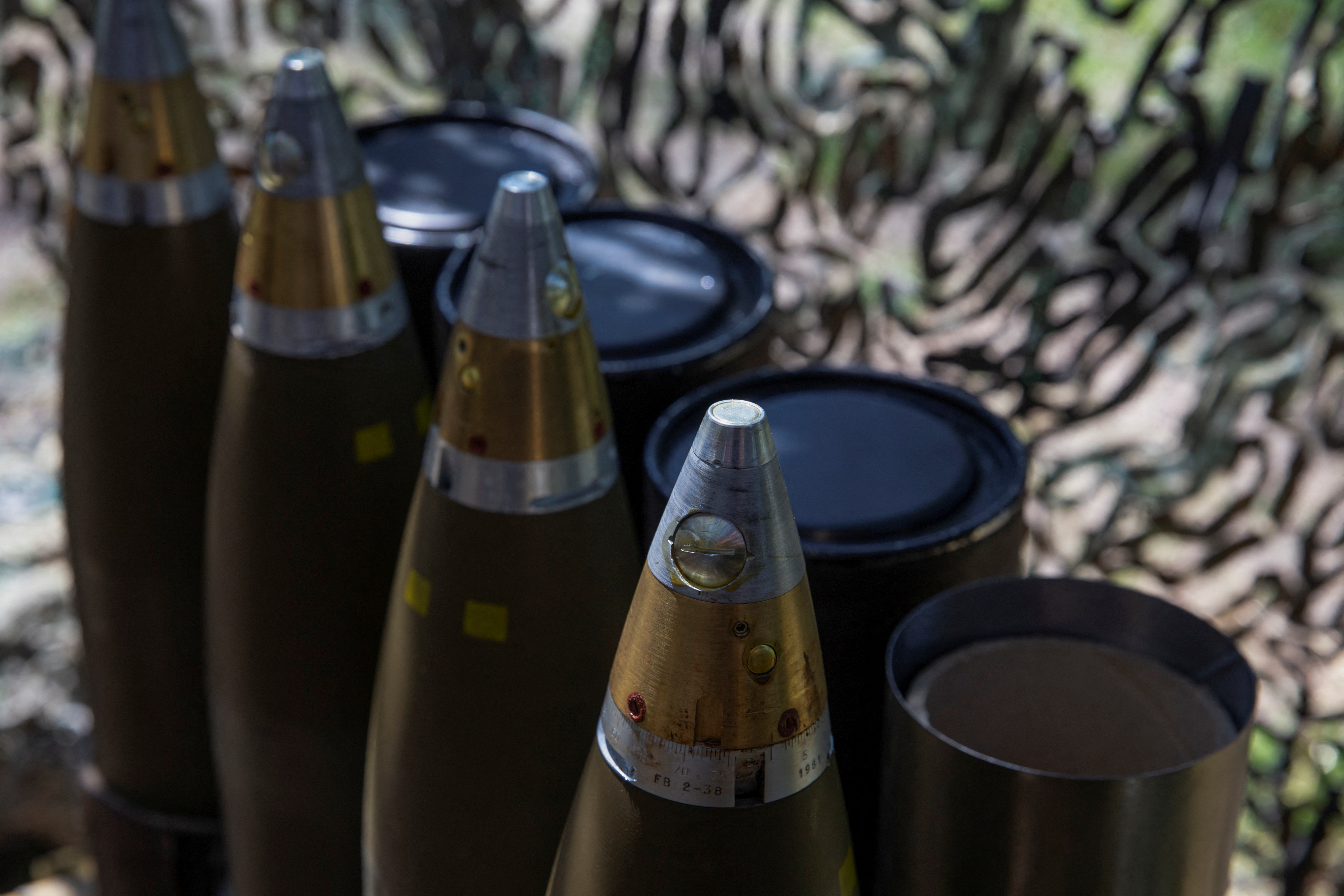 Artillery shells are seen at a position of Ukrainian servicemen near a frontline in Donetsk region