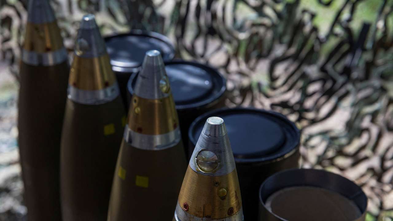 Artillery shells are seen at a position of Ukrainian servicemen near a frontline in Donetsk region