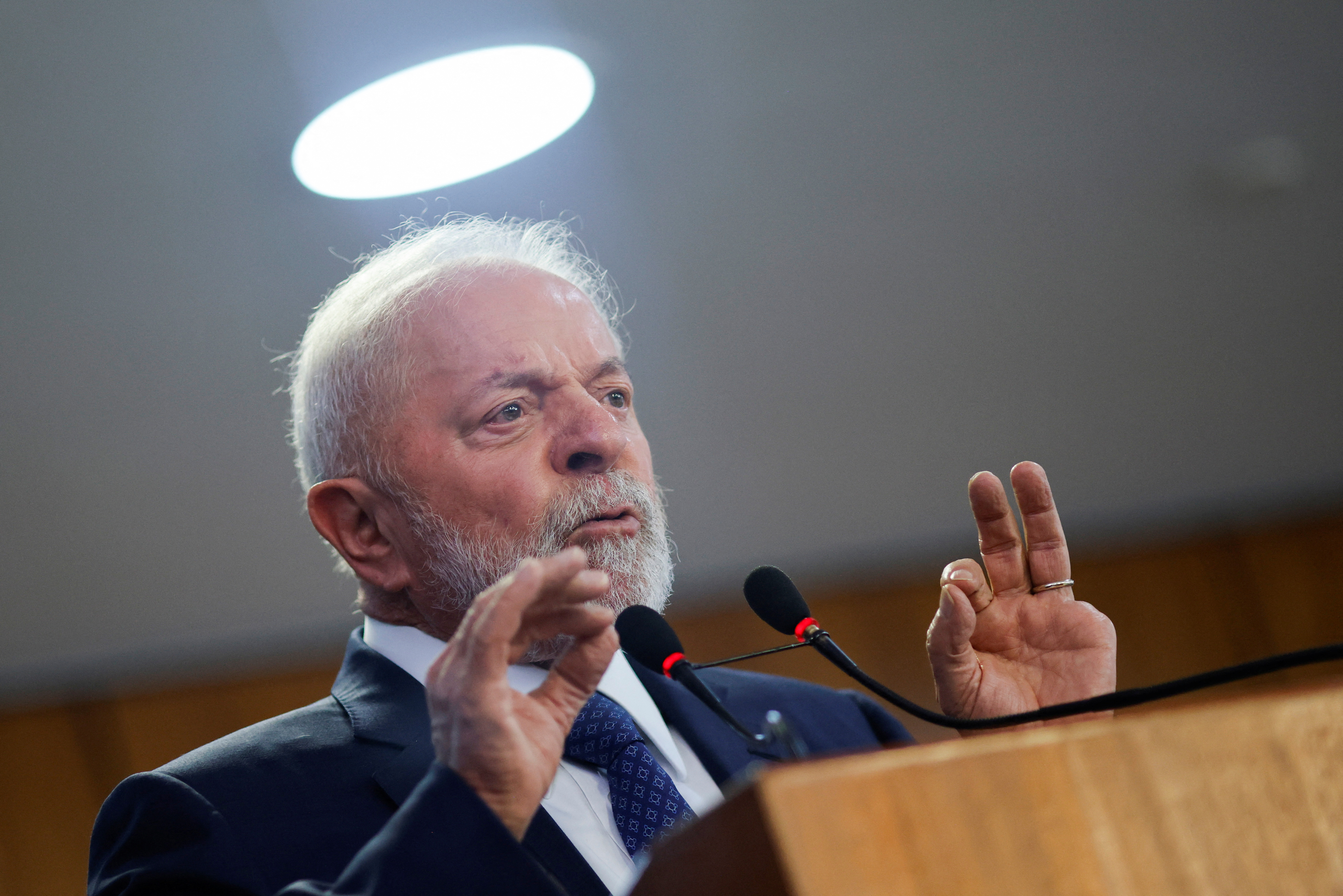 Brazil's President Luiz Inacio Lula da Silva speaks during a ceremony announcing investments by public banks in states, in Brasilia