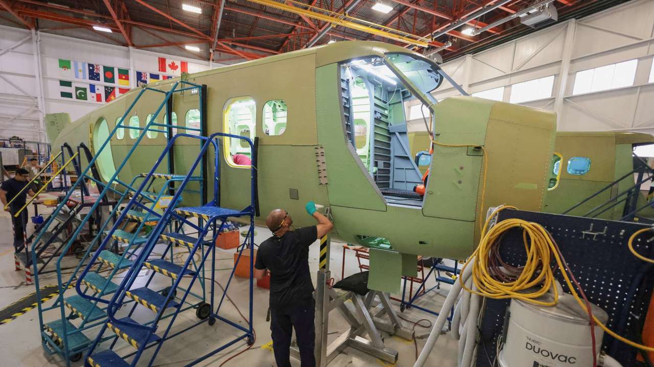 De Havilland Canada produces the Canadair 515 water-bomber to combat wildfires, in Calgary