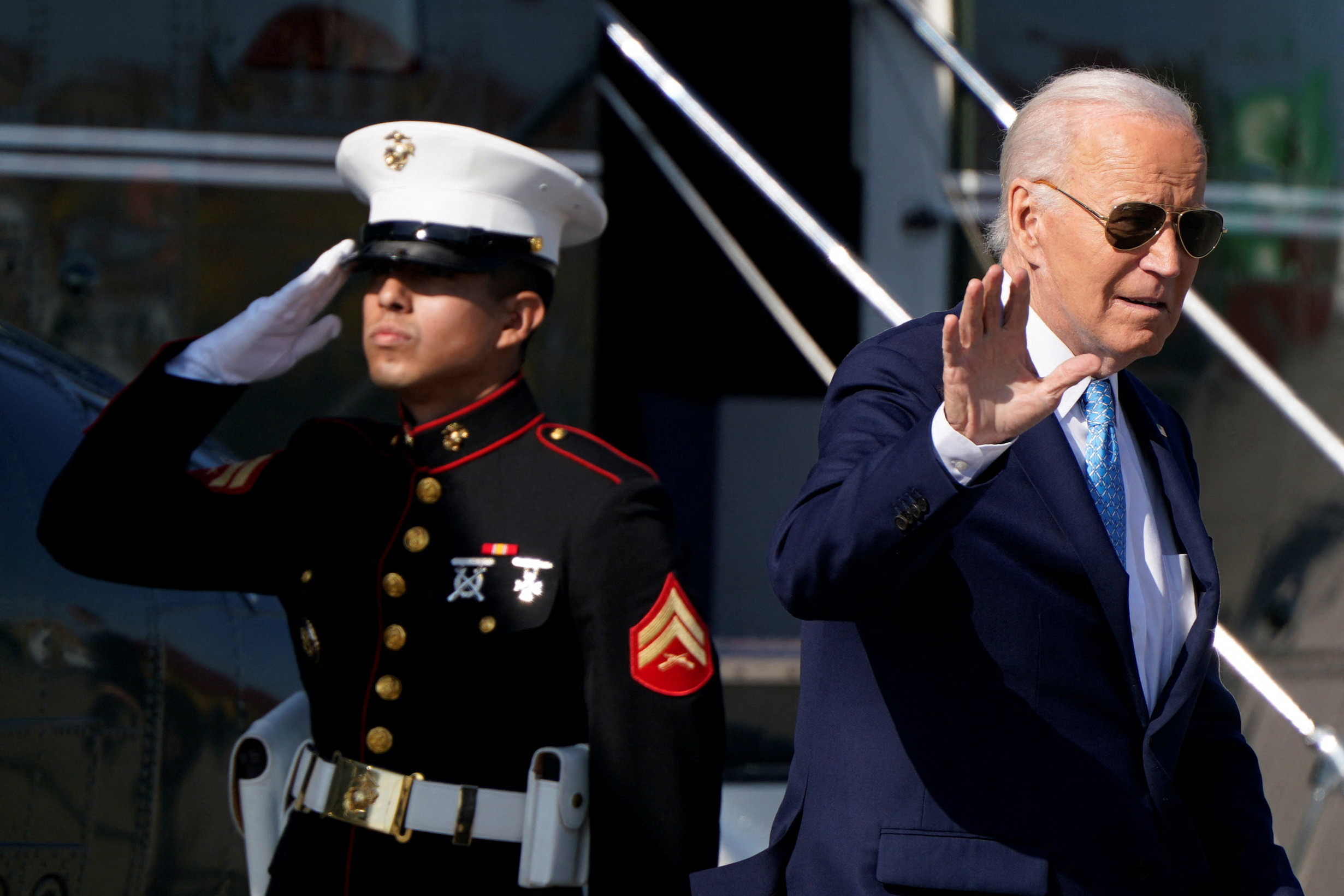 U.S. President Joe Biden disembarks Marine One at Dundalk Marine Terminal in Baltimore