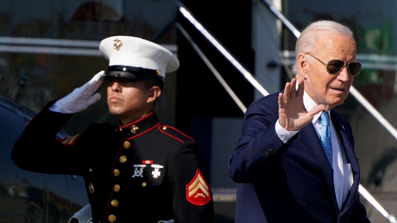 U.S. President Joe Biden disembarks Marine One at Dundalk Marine Terminal in Baltimore