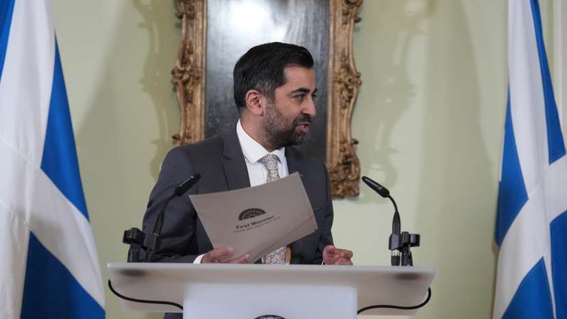 Scotland's First Minister Humza Yousaf speaks during a press conference at Bute House