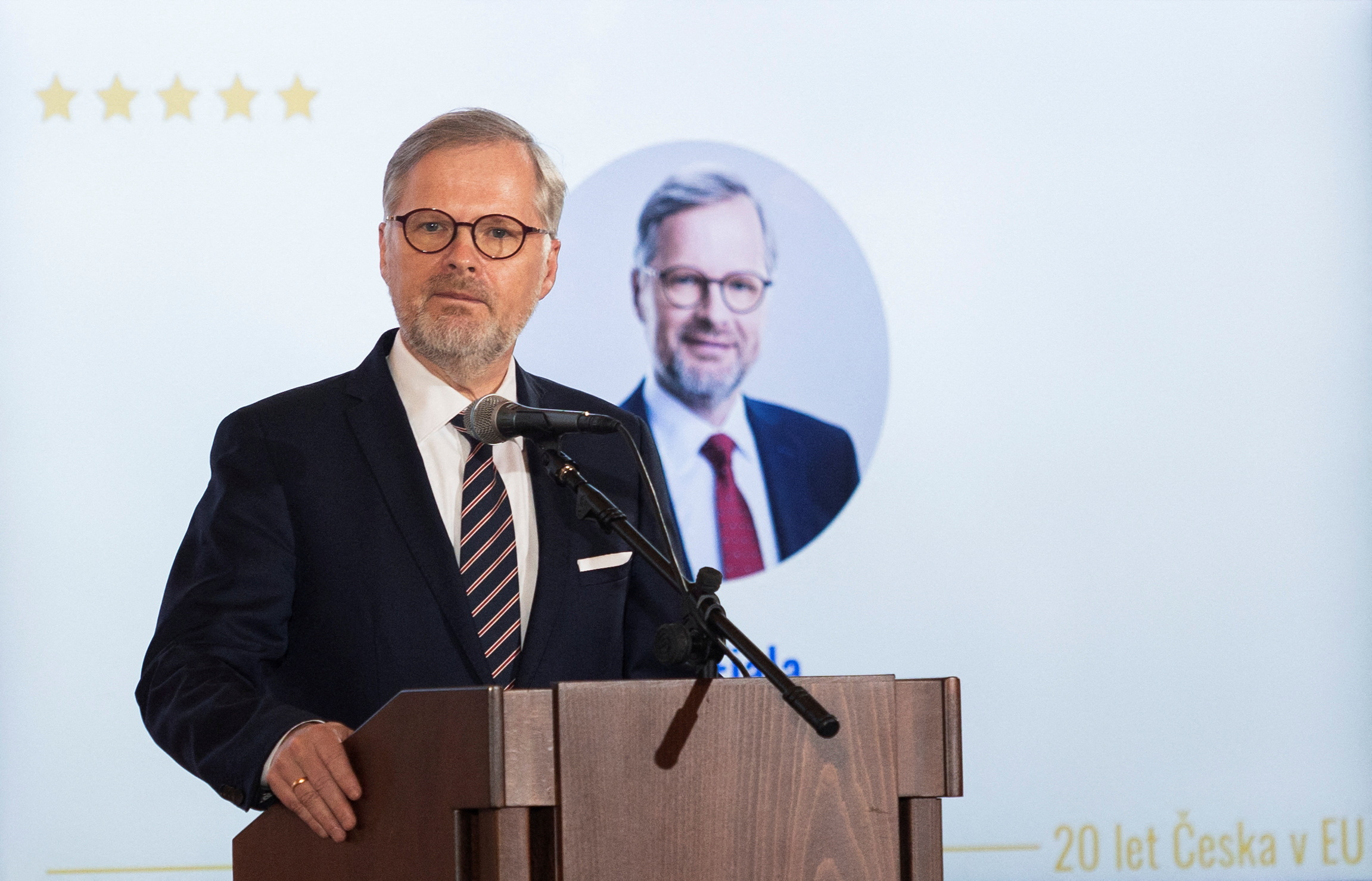 Czech Republic's PM Petr Fiala attends a conference '20 years of the Czech Republic in the EU: A vision for an enlarged Europe' in Prague