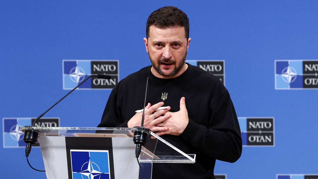 FILE PHOTO: Ukraine's President Volodymyr Zelenskiy attends a press conference, in Brussels