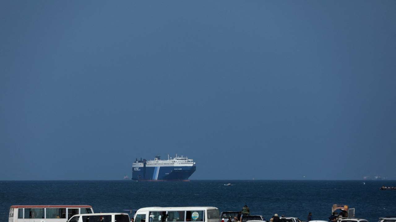 FILE PHOTO: The Galaxy Leader commercial ship, seized by Yemen's Houthis last month, is seen off the coast of al-Salif