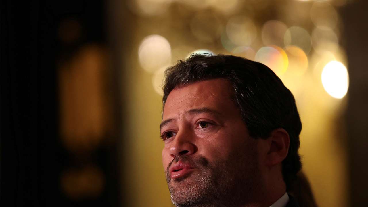 Far right political party Chega leader Andre Ventura talks to the press after meeting with Portugal President Marcelo Rebelo de Sousa in Belem Palace