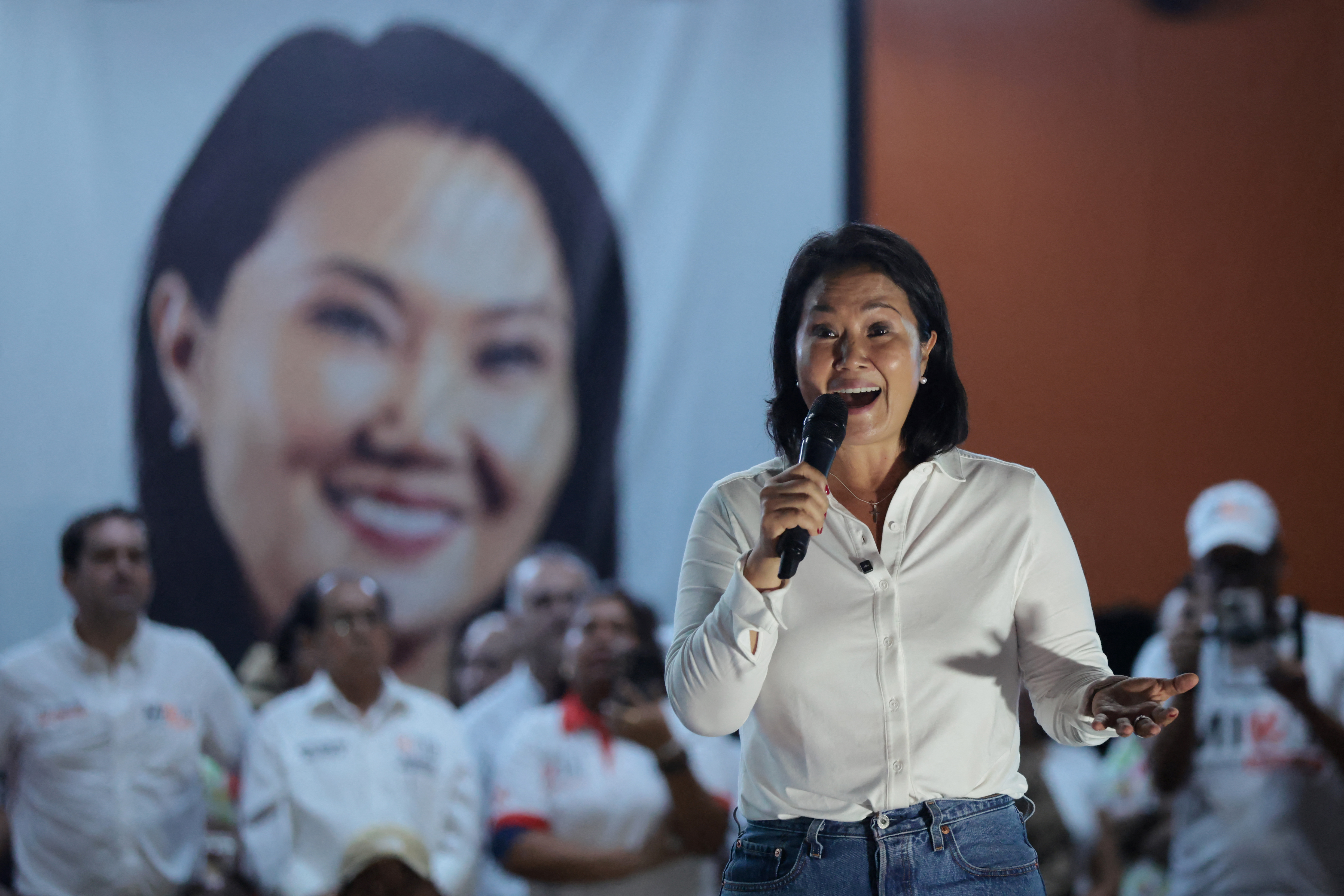 Peru's presidential candidate Keiko Fujimori, for the Fuerza Popular party, speaks to supporters during a campaign rally at the Peru-Korea Esplanade in the Ventanilla district, Peru on April 2, 2026. Peru will hold presidential elections on April 12. (Photo by Connie FRANCE / AFP)