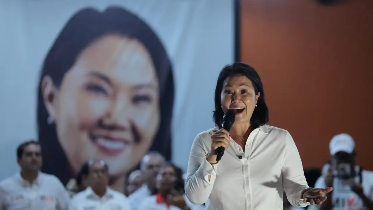 Peru's presidential candidate Keiko Fujimori, for the Fuerza Popular party, speaks to supporters during a campaign rally at the Peru-Korea Esplanade in the Ventanilla district, Peru on April 2, 2026. Peru will hold presidential elections on April 12. (Photo by Connie FRANCE / AFP)