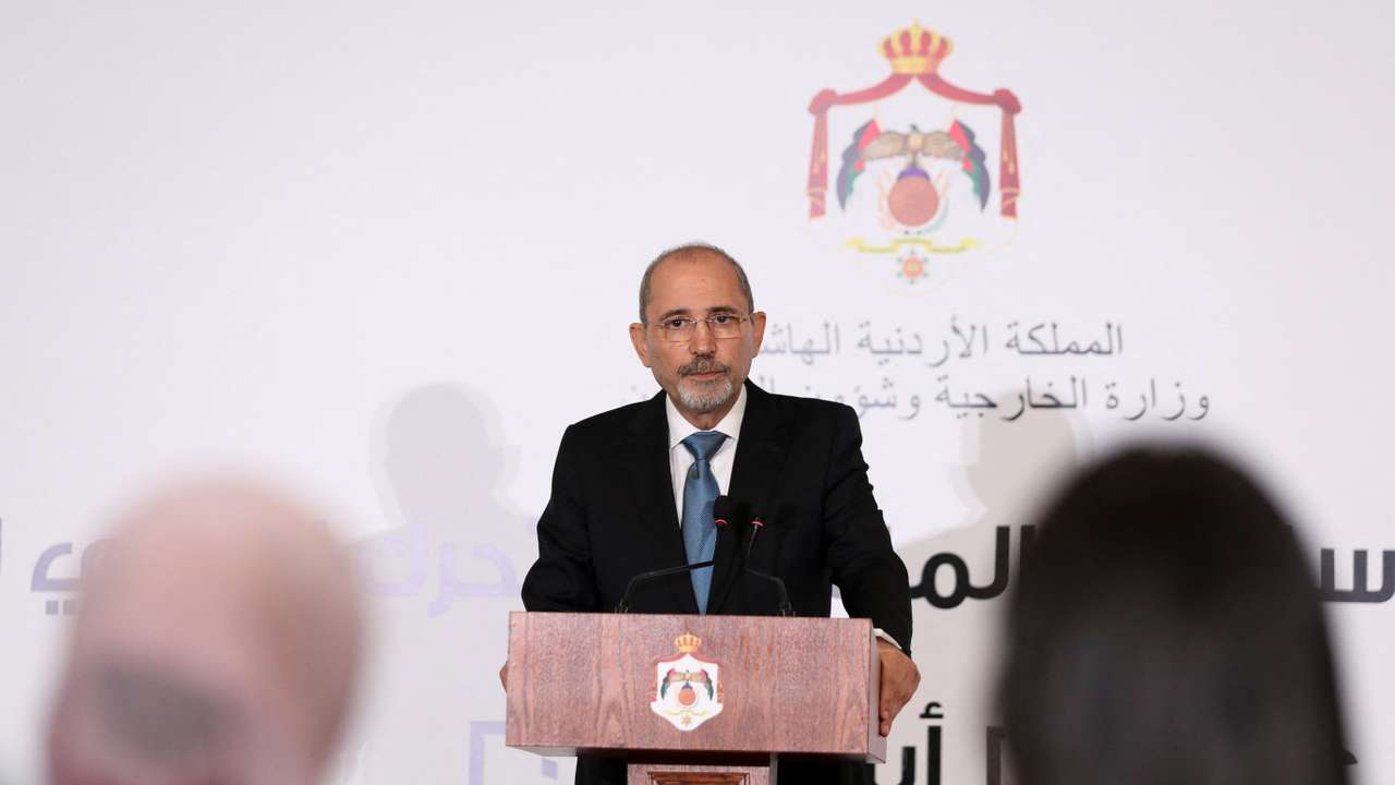 Jordanian Foreign Minister Ayman Safadi attends a press conference in Amman