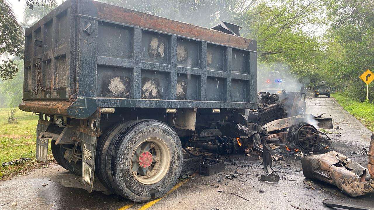 A truck loaded with explosives used in an attack attributed to ELN guerrillas against a military base, burns in Puerto Jordan