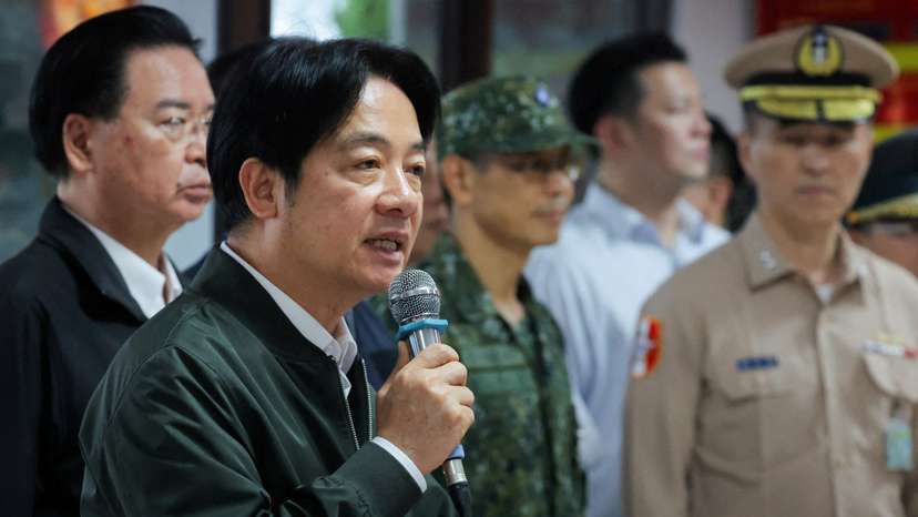 FILE PHOTO: Taiwan President Lai Ching-te makes a speech during his visit to a military camp in Taoyuan